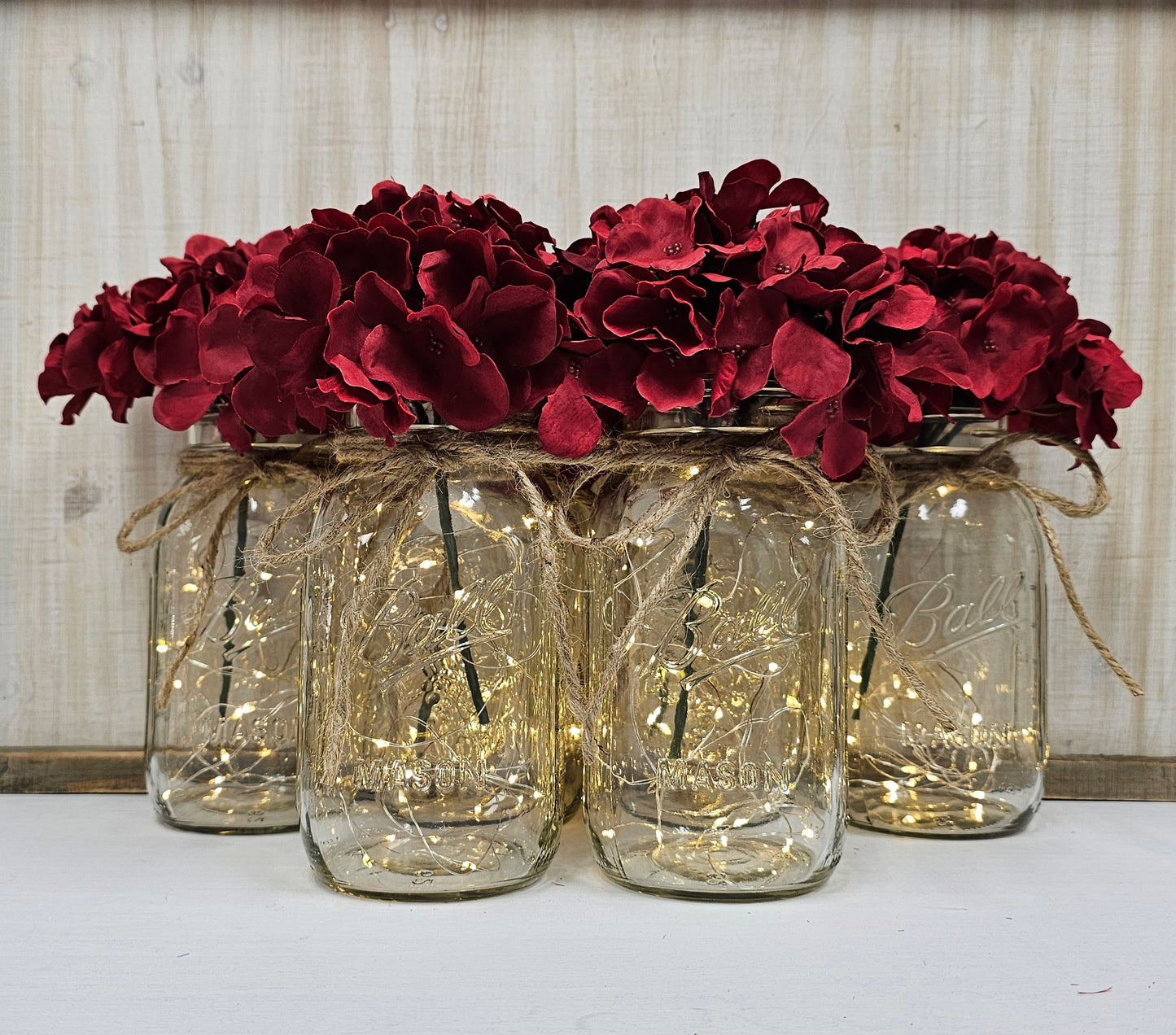 Burgundy Hydrangea Lighted Mason Jar Centerpiece
