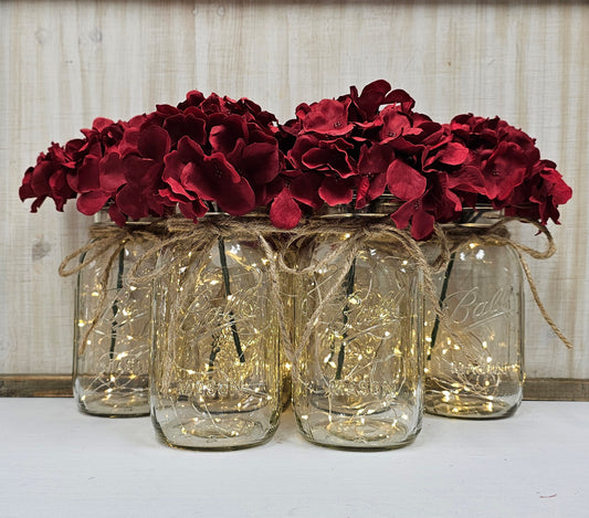 Burgundy Hydrangea Lighted Mason Jar Centerpiece
