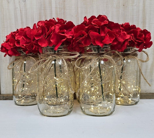Red Silk Hydrangea Lighted Mason Jar Centerpiece - Glassy Gal Decor