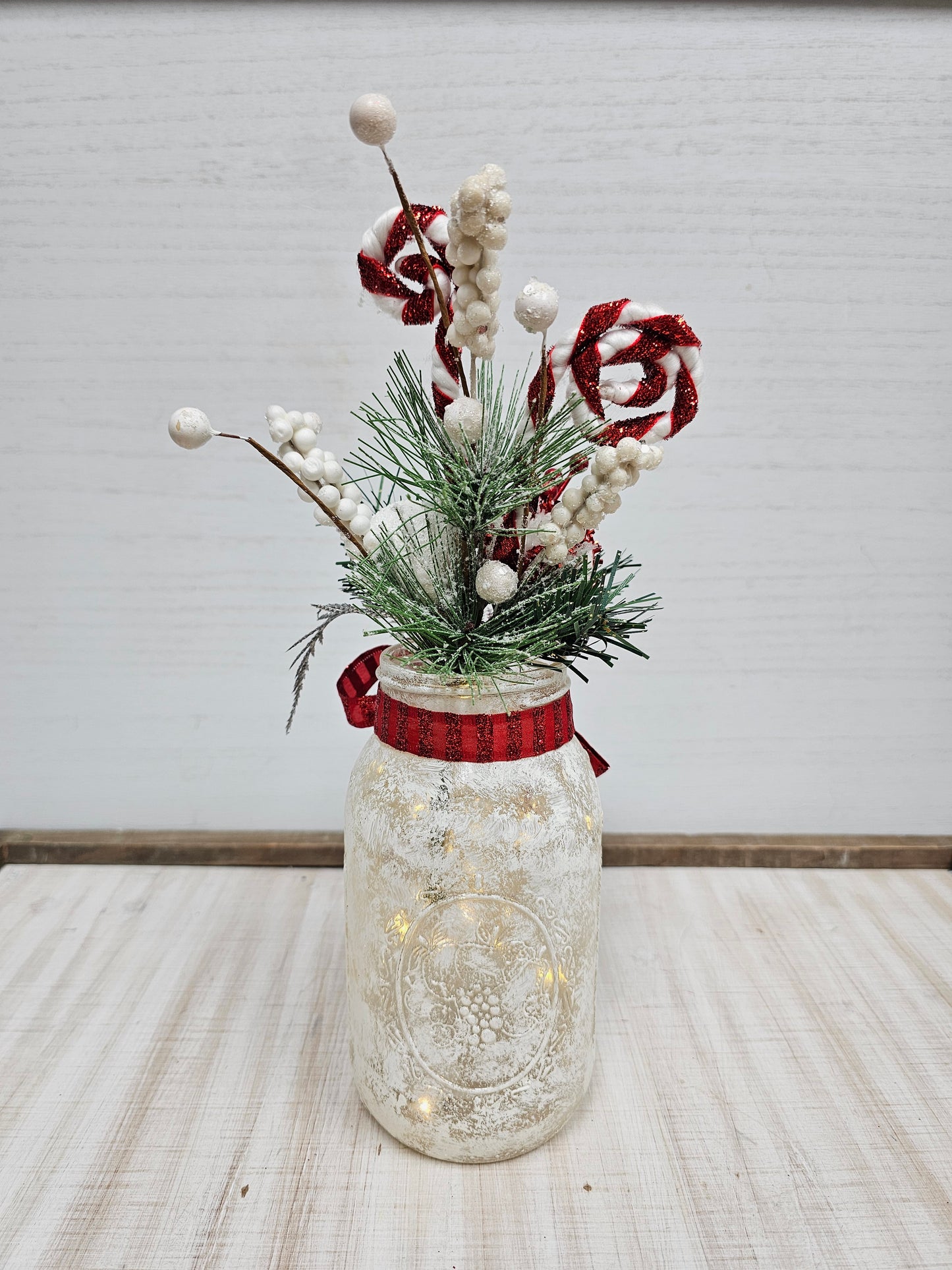 Classic Red & White Christmas Lighted Mason Jar Centerpiece