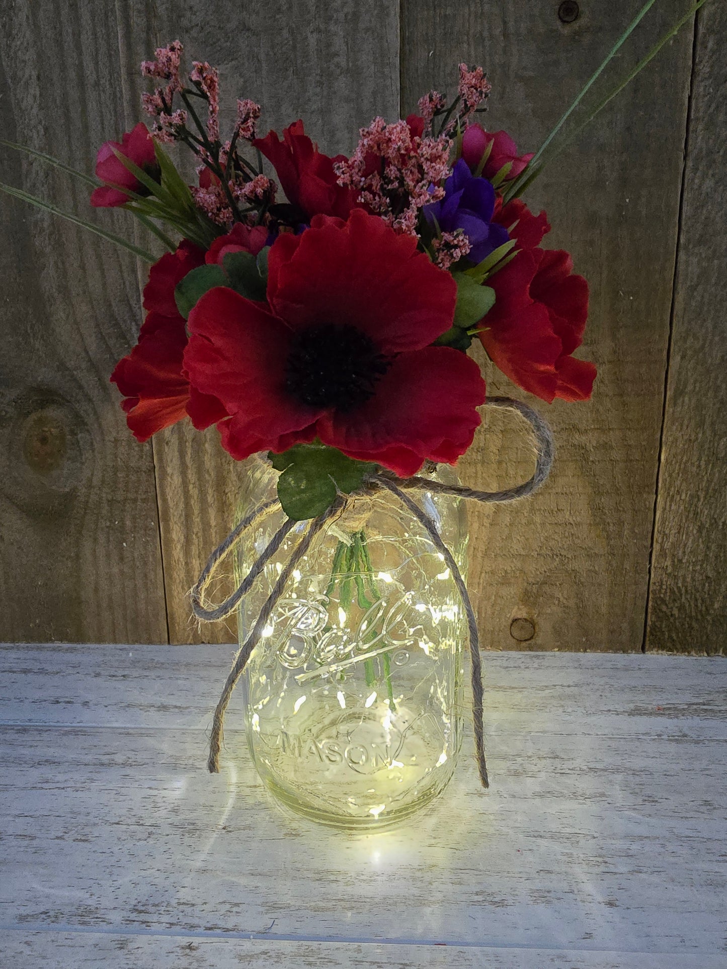 Red Poppy & Wildflower Lighted Mason Jar Centerpiece