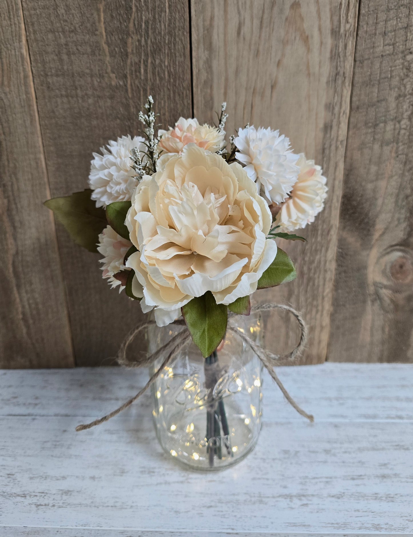 Fall Faux Mum and Peony Lighted Mason Jar Centerpiece