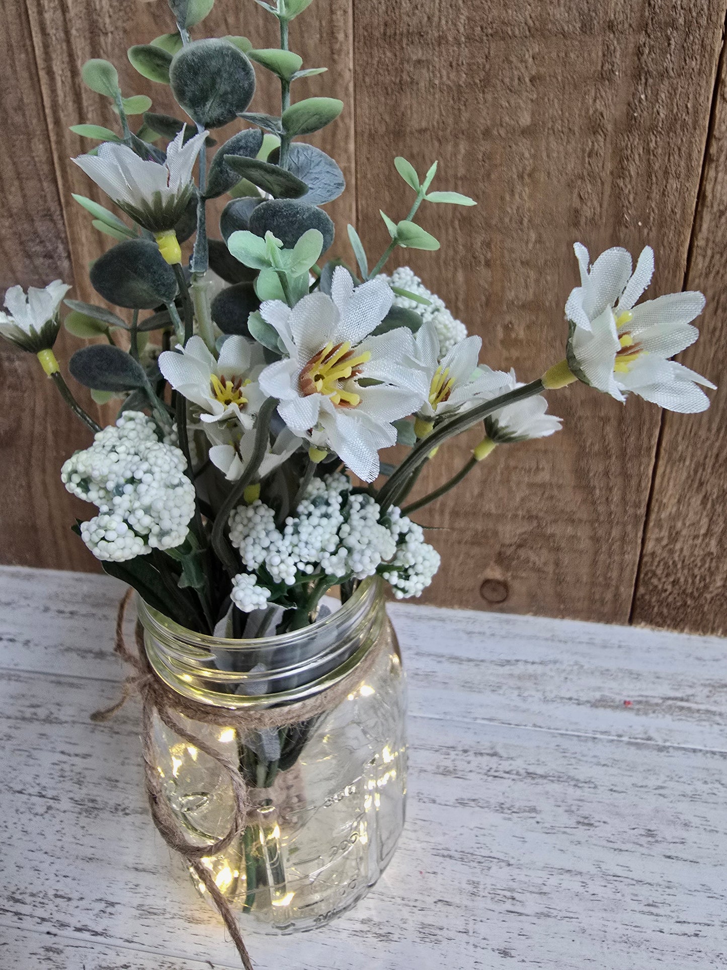 Wild Daisies & Eucalyptus Lighted Mason Jar Centerpiece