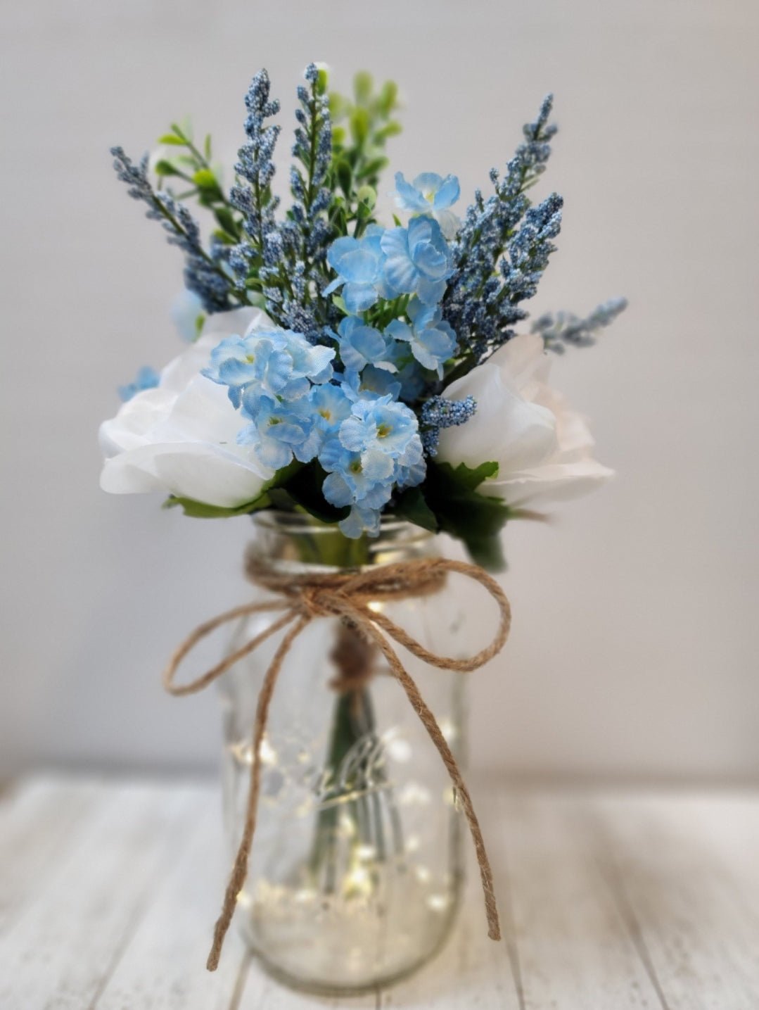 Light Blue Double Ruffle & White Rose Lighted Event Table Centerpiece - Glassy Gal Decor