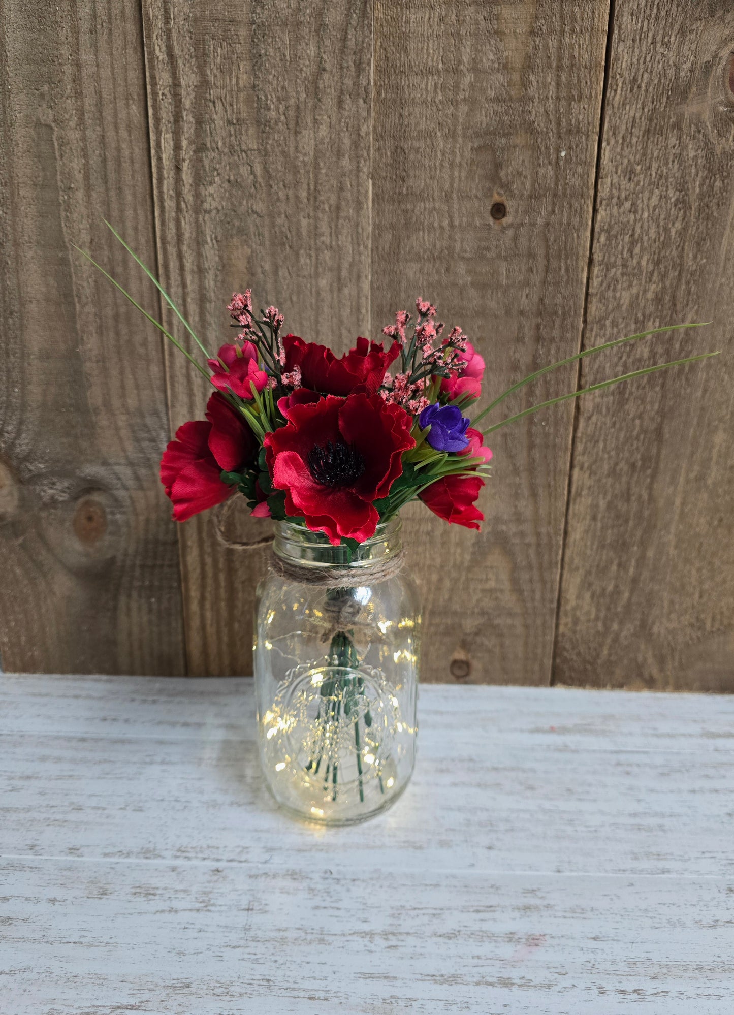 Red Poppy & Wildflower Lighted Mason Jar Centerpiece