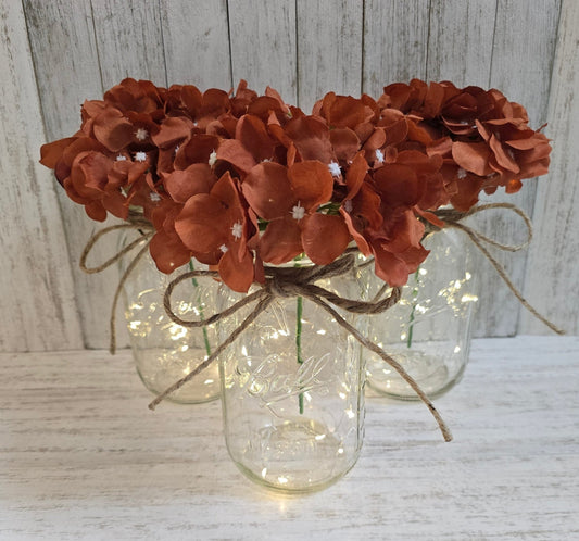 Rust Silk Hydrangea Lighted Mason Jar Centerpiece - Glassy Gal Decor