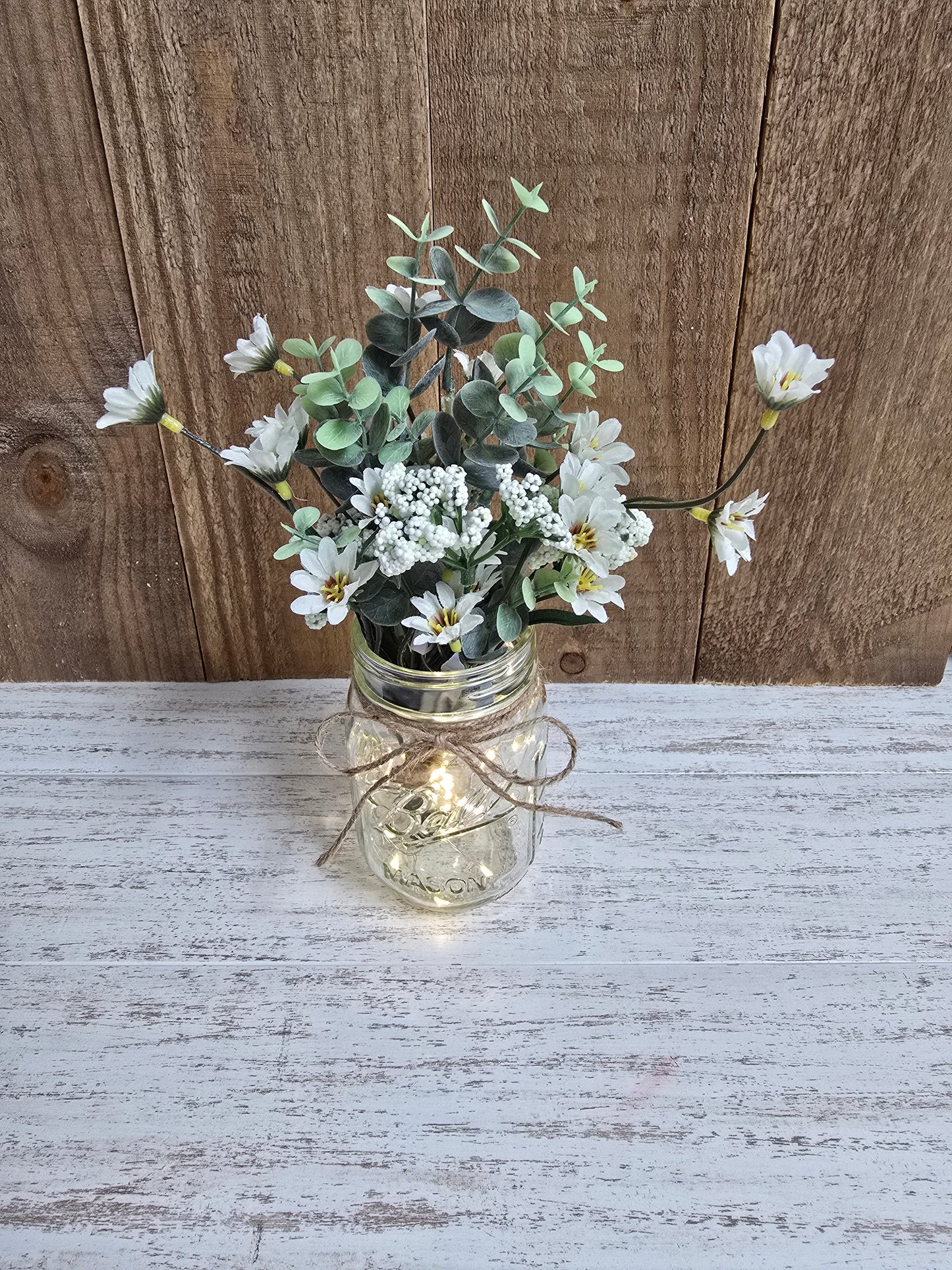 Wild Daisies & Eucalyptus Lighted Mason Jar Centerpiece