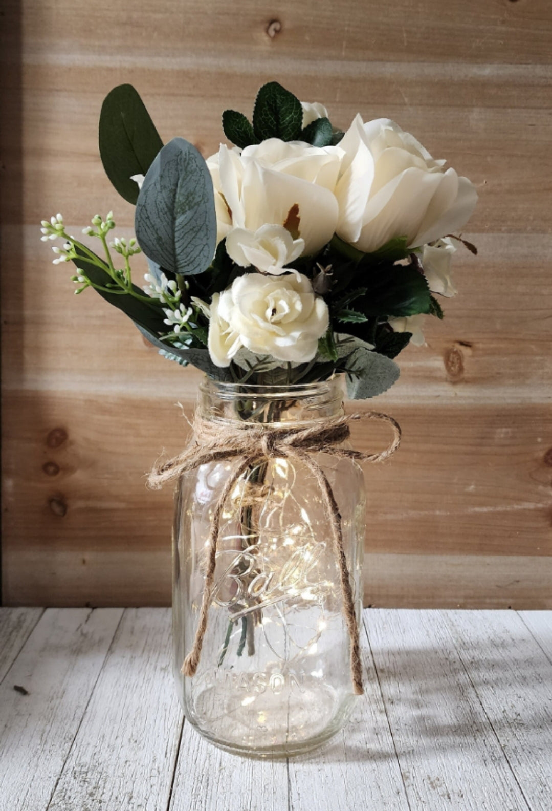 3 pc Ivory Rose and Eucalyptus Lighted Mason Jar Centerpiece Set