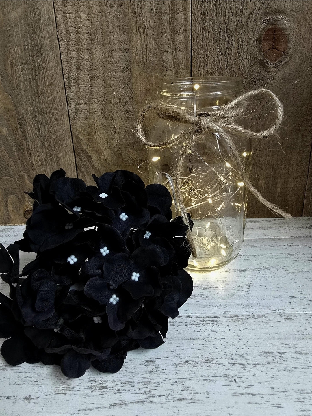 Black Silk Hydrangea Lighted Mason Jar Centerpiece