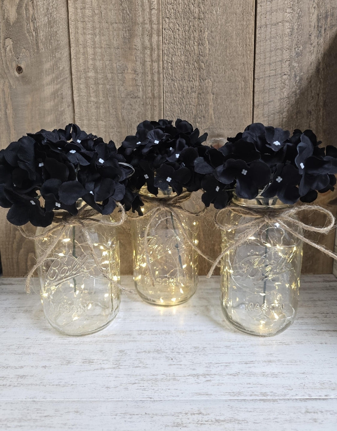 Black Silk Hydrangea Lighted Mason Jar Centerpiece