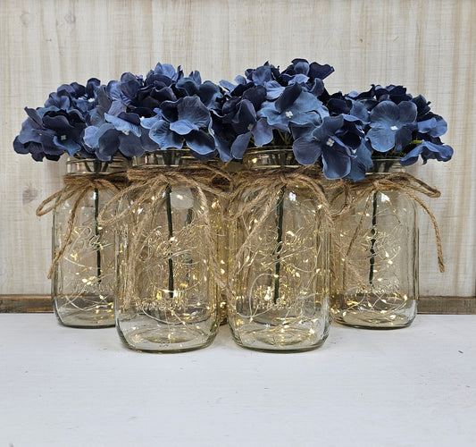 Dusty Blue Hydrangea Lighted Mason Jar Centerpiece - Glassy Gal Decor