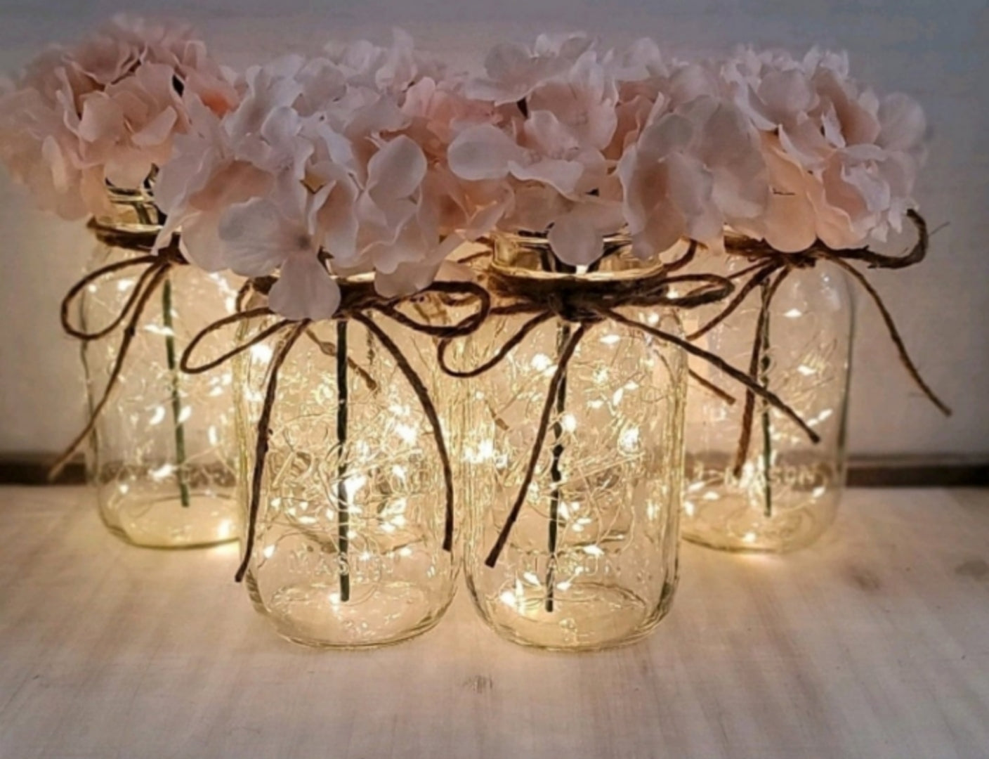 Blush Hydrangea Lighted Mason Jar Centerpiece