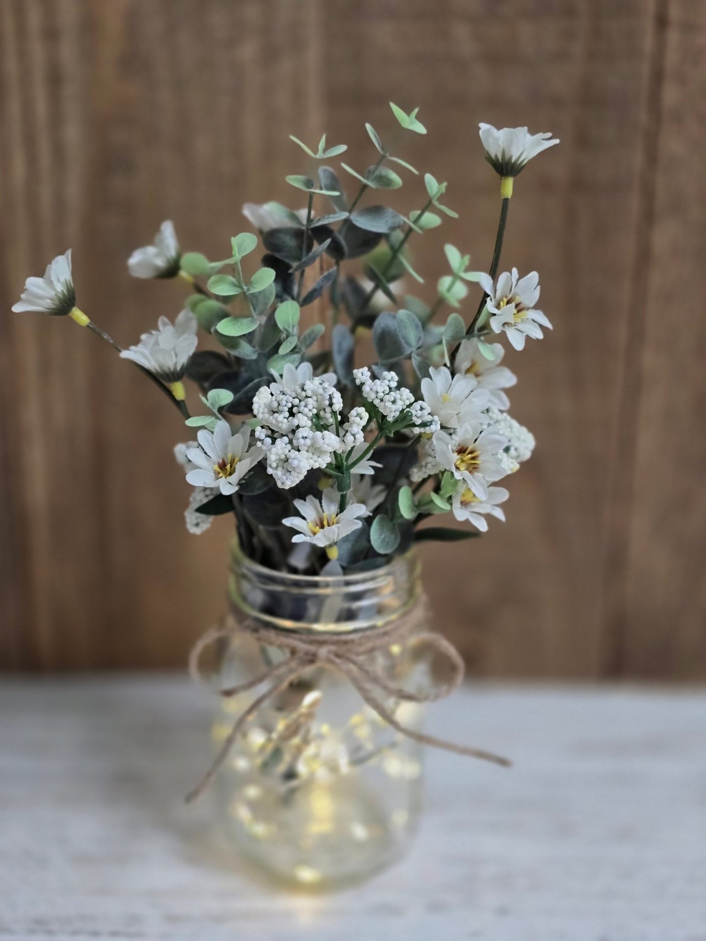 Wild Daisies & Eucalyptus Lighted Mason Jar Centerpiece - Glassy Gal Decor