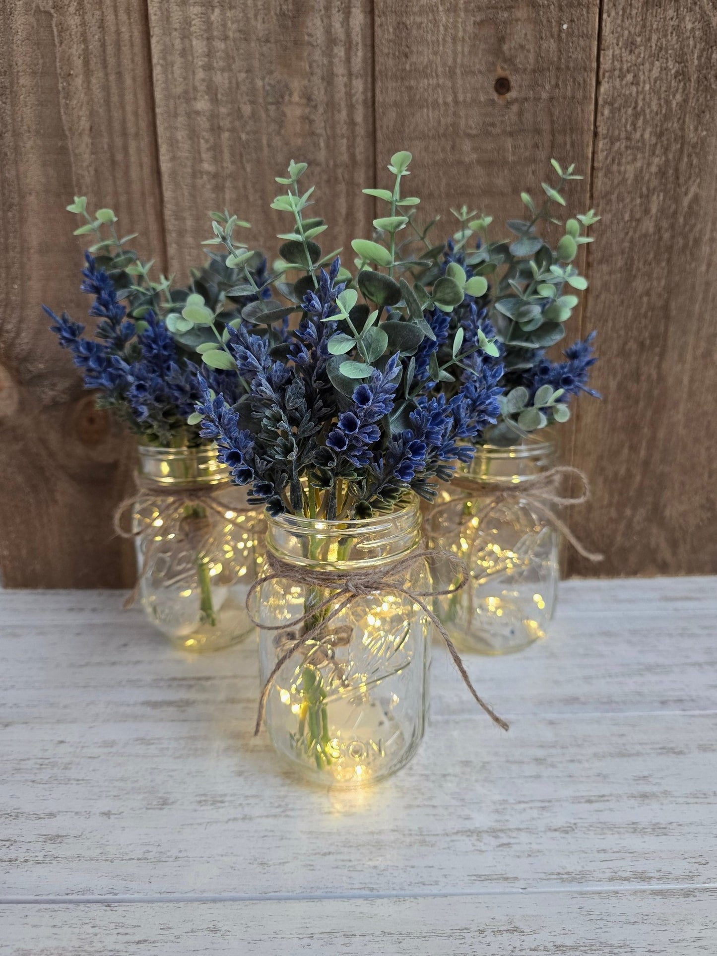 Lavender Blooms & Eucalyptus Lighted Mason Jar Centerpiece - Glassy Gal Decor