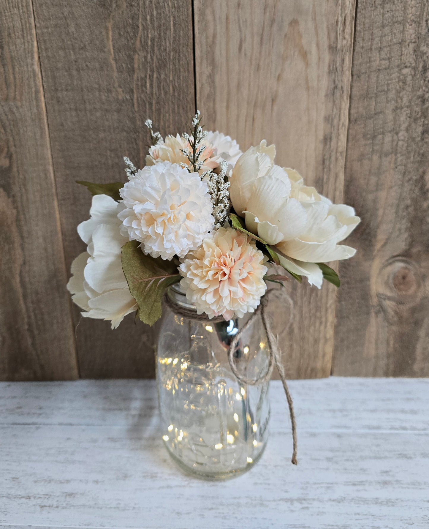Fall Faux Mum and Peony Lighted Mason Jar Centerpiece