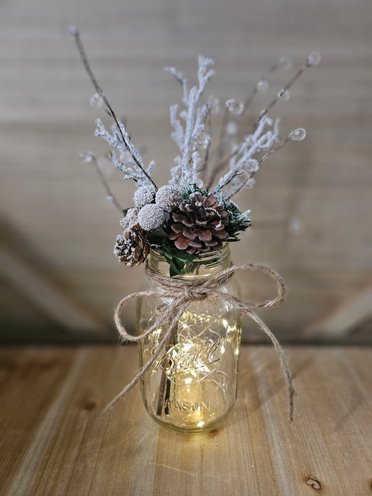 Snowy Winter Wonderland Mason Jar With Fairy Lights