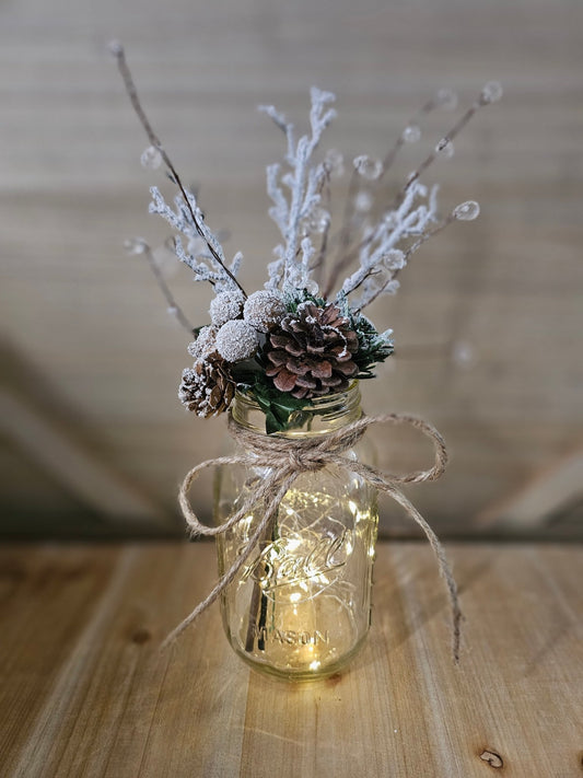 Snowy Winter Wonderland Mason Jar With Fairy Lights - Glassy Gal Decor