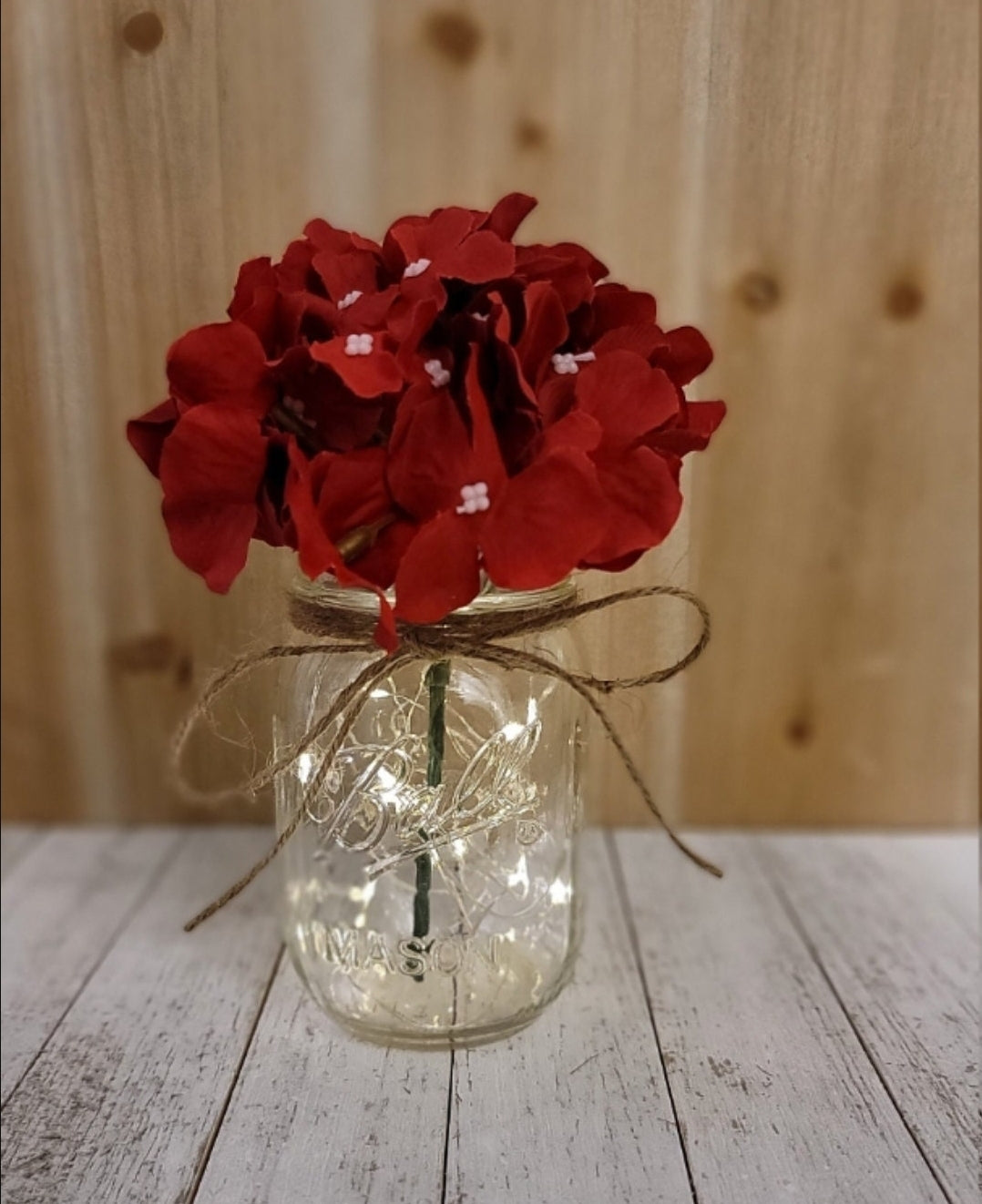 Red Silk Hydrangea Lighted Mason Jar Centerpiece