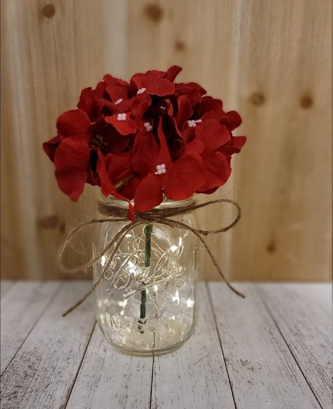 Red Silk Hydrangea Lighted Mason Jar Centerpiece - Glassy Gal Decor