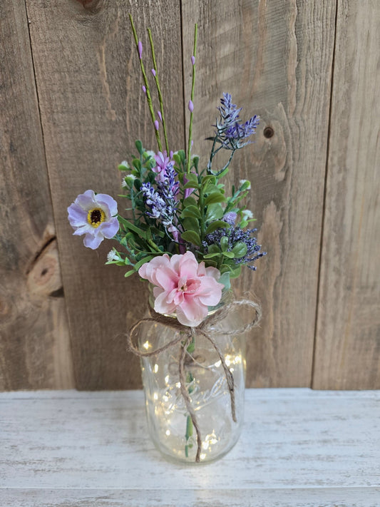 Faux Wildflower Lighted Mason Jar Quart Centerpiece - Glassy Gal Decor