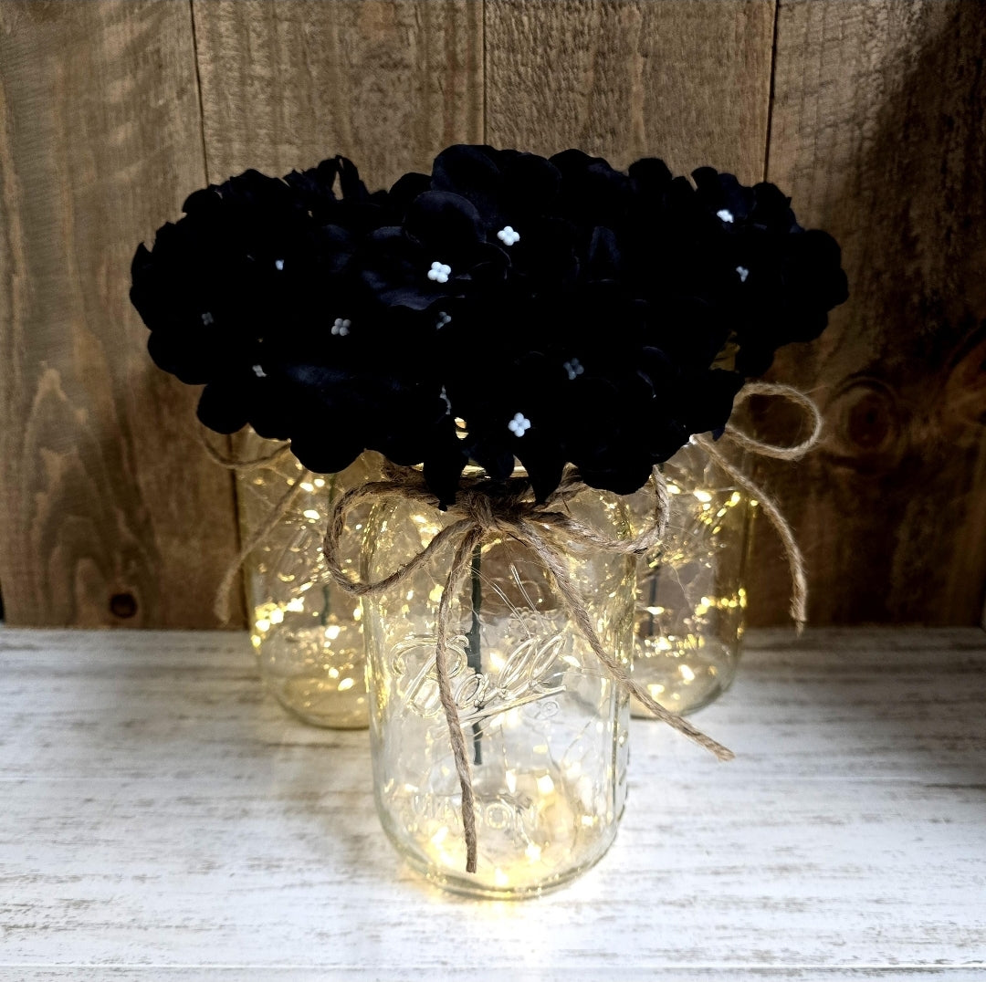 Black Silk Hydrangea Lighted Mason Jar Centerpiece