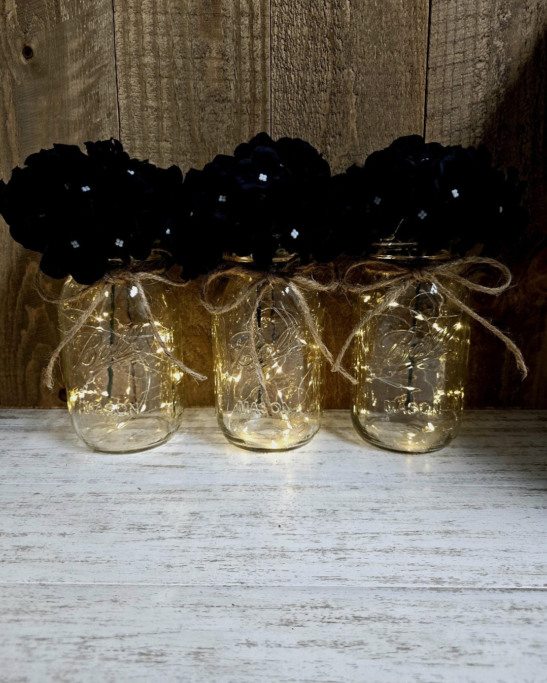 Black Silk Hydrangea Lighted Mason Jar Centerpiece