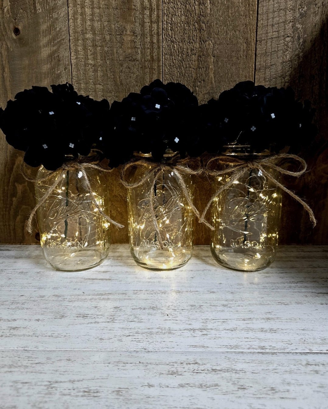 Black Silk Hydrangea Lighted Mason Jar Centerpiece - Glassy Gal Decor