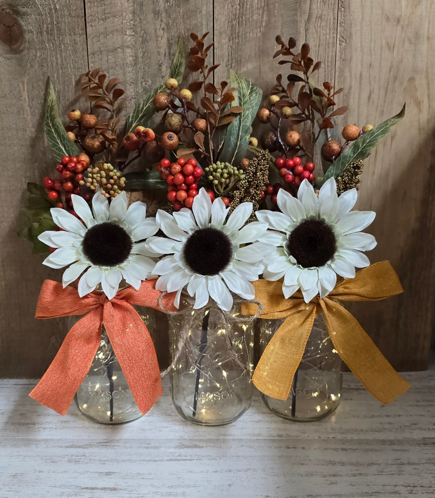 Fall Sunflower Lighted Mason Jar Centerpieces With Bows - Glassy Gal Decor