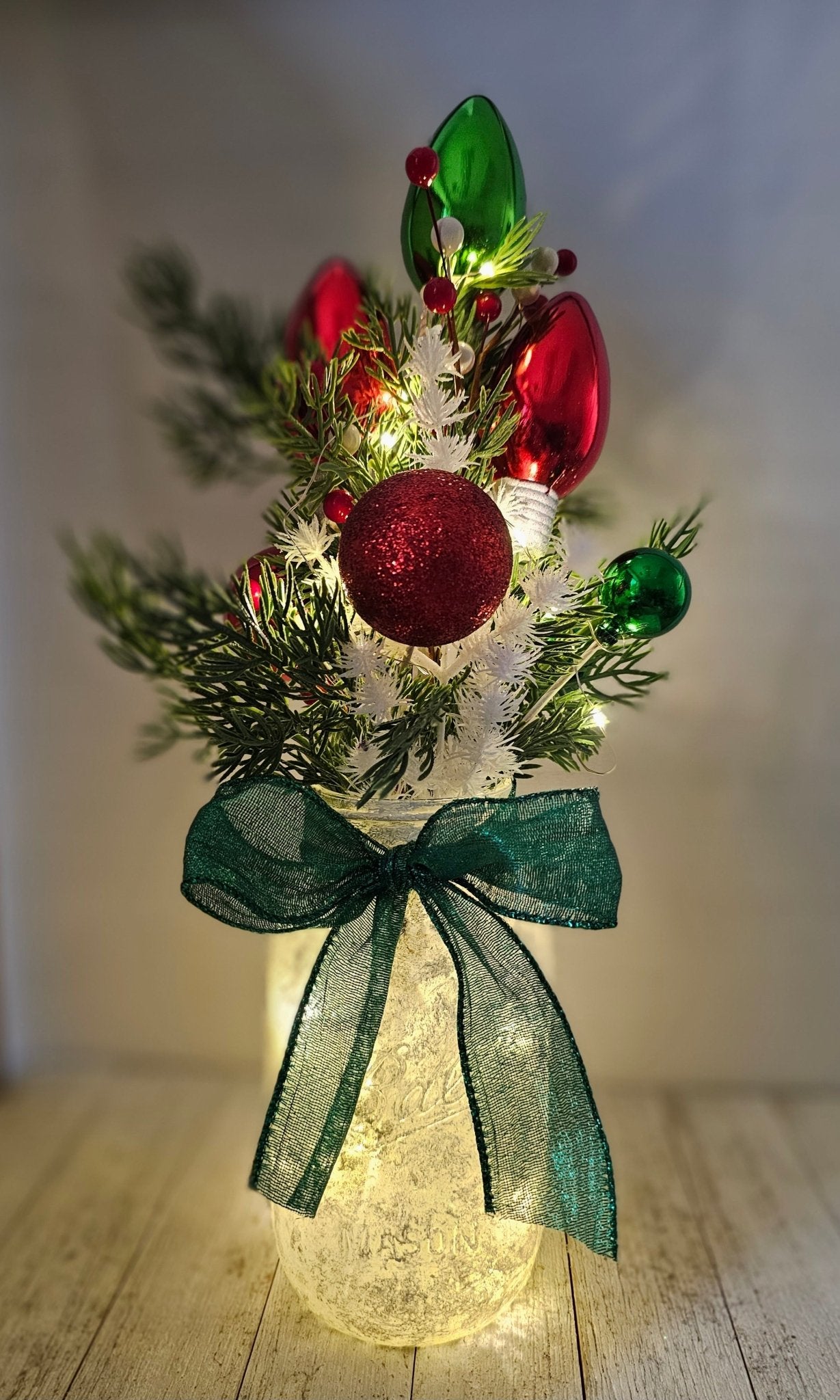 Christmas Tree Lighted Mason Jar Centerpiece - Glassy Gal Decor