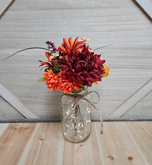 Single Fall Floral Lighted Mason Jar Centerpiece - Glassy Gal Decor