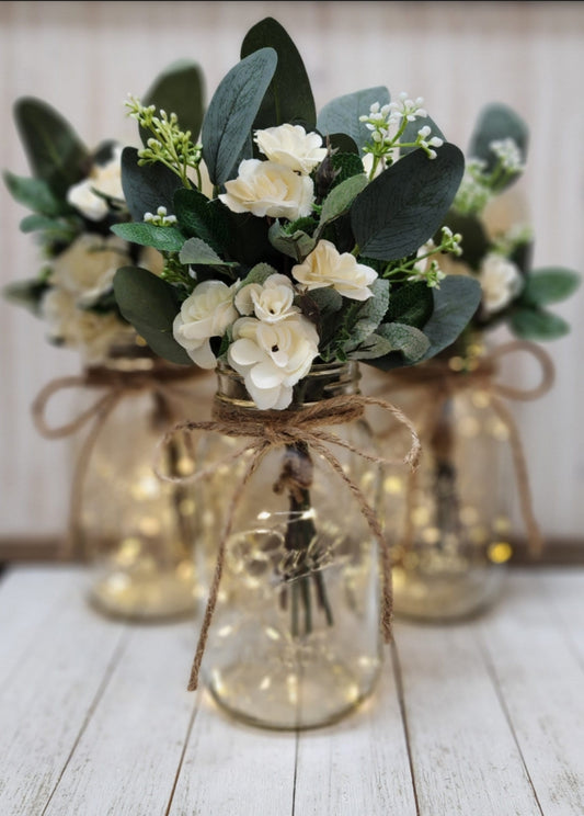 3 pc Ivory Rose and Eucalyptus Lighted Mason Jar Centerpiece Set
