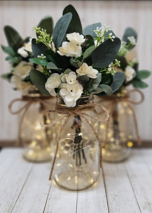 3 pc Ivory Rose and Eucalyptus Lighted Mason Jar Centerpiece Set - Glassy Gal Decor