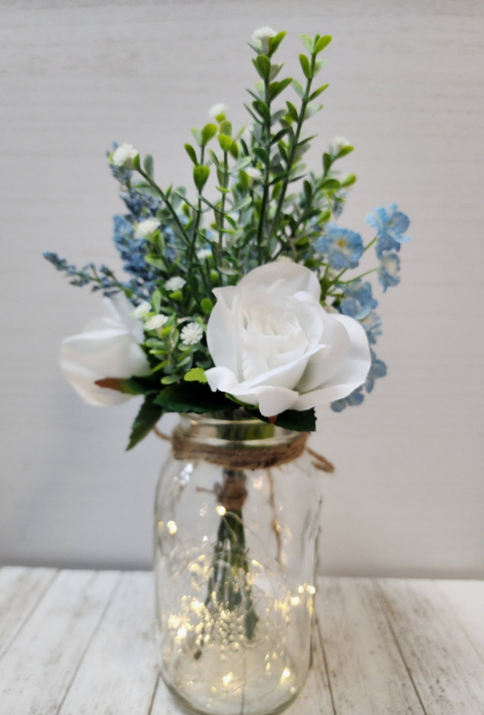 Light Blue Double Ruffle & White Rose Lighted Event Table Centerpiece