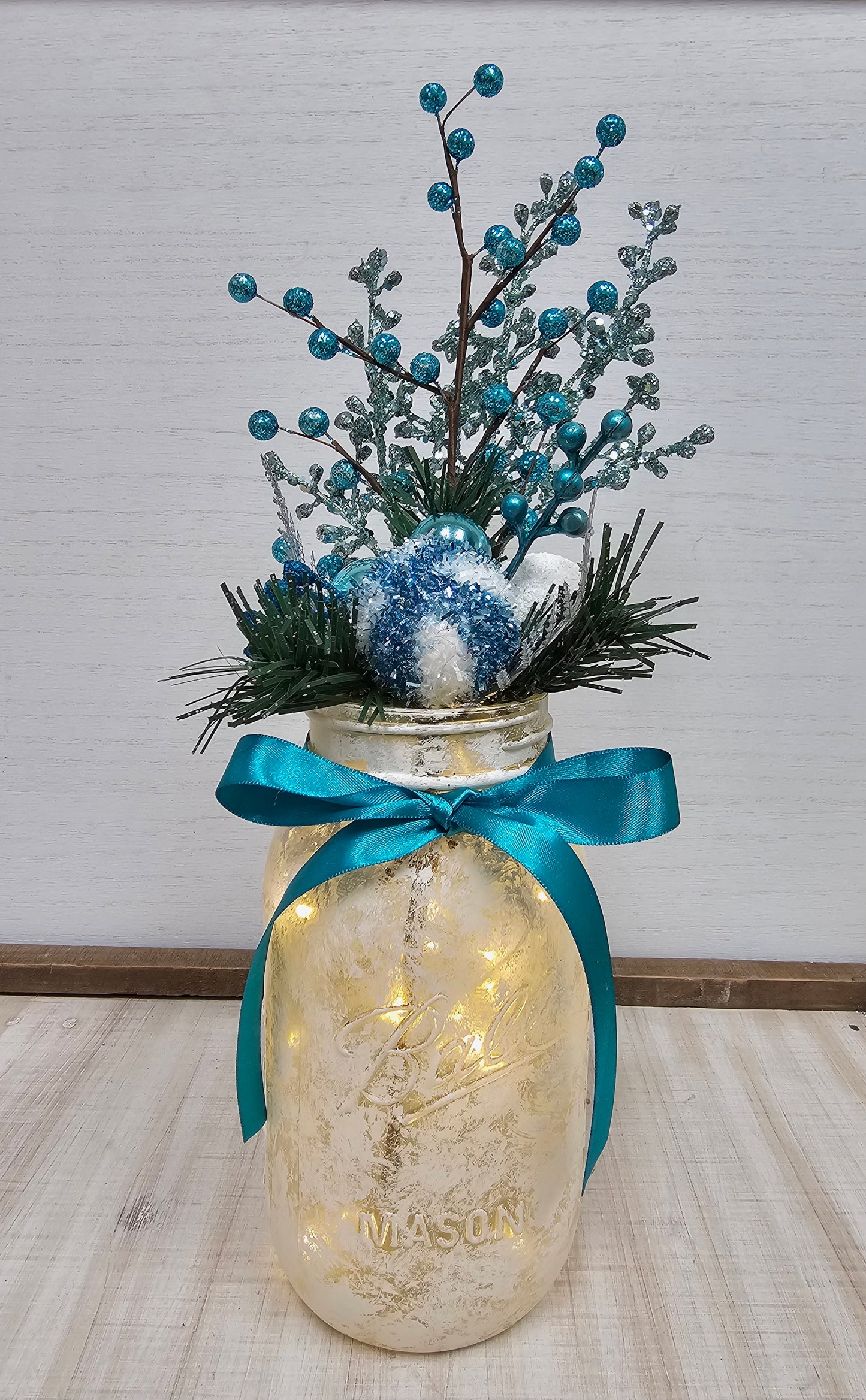 Blue Lighted Mason Jar Christmas Centerpiece