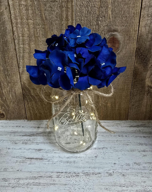 Royal Blue Silk Hydrangea Lighted Mason Jar Centerpiece