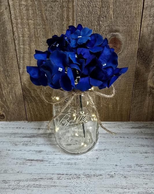 Royal Blue Silk Hydrangea Lighted Mason Jar Centerpiece - Glassy Gal Decor