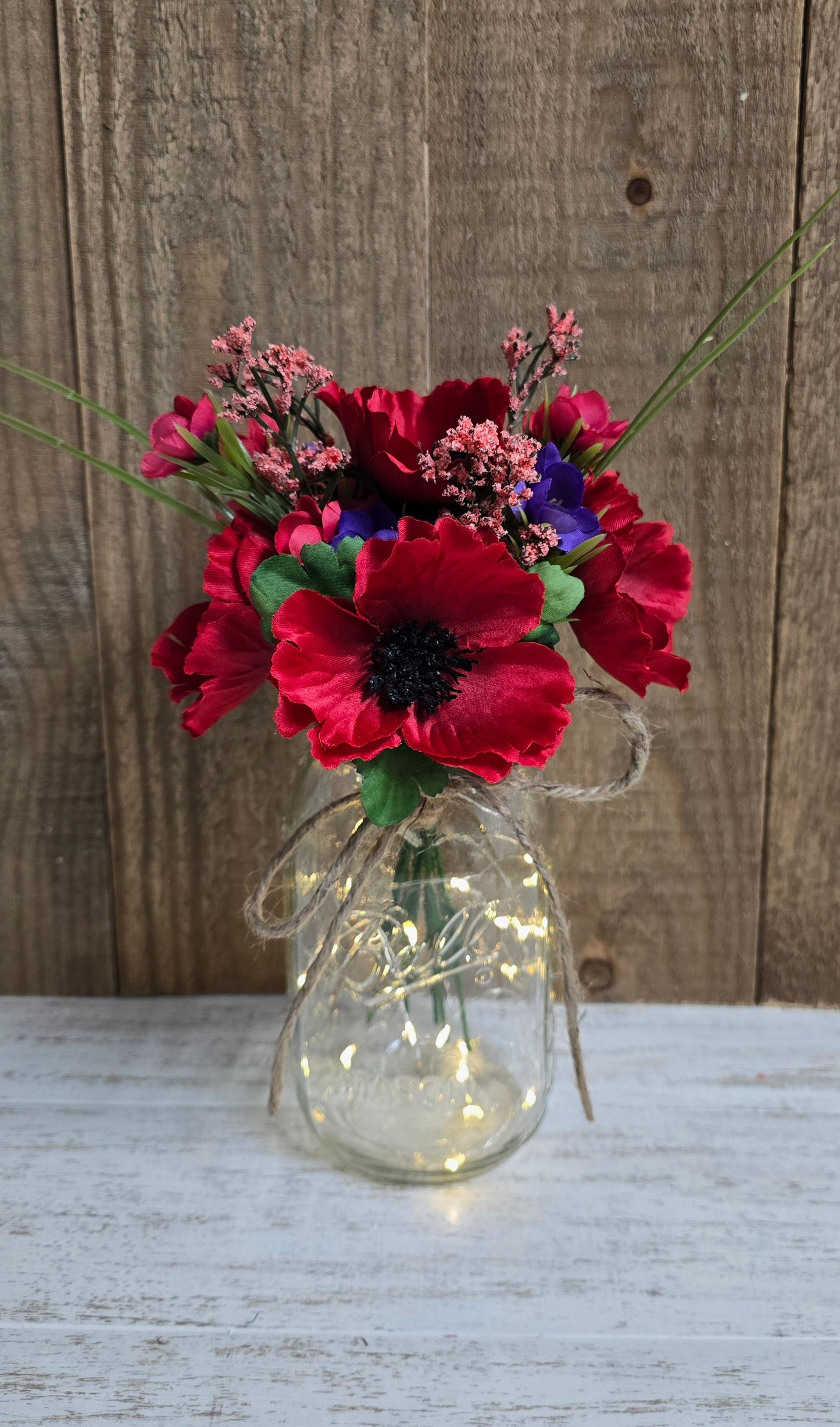 Red Poppy & Wildflower Lighted Mason Jar Centerpiece