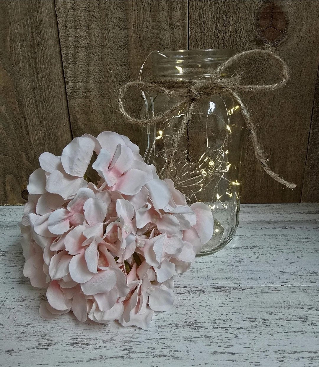 Light Pink Silk Hydrangea Lighted Mason Jar Centerpiece - Glassy Gal Decor