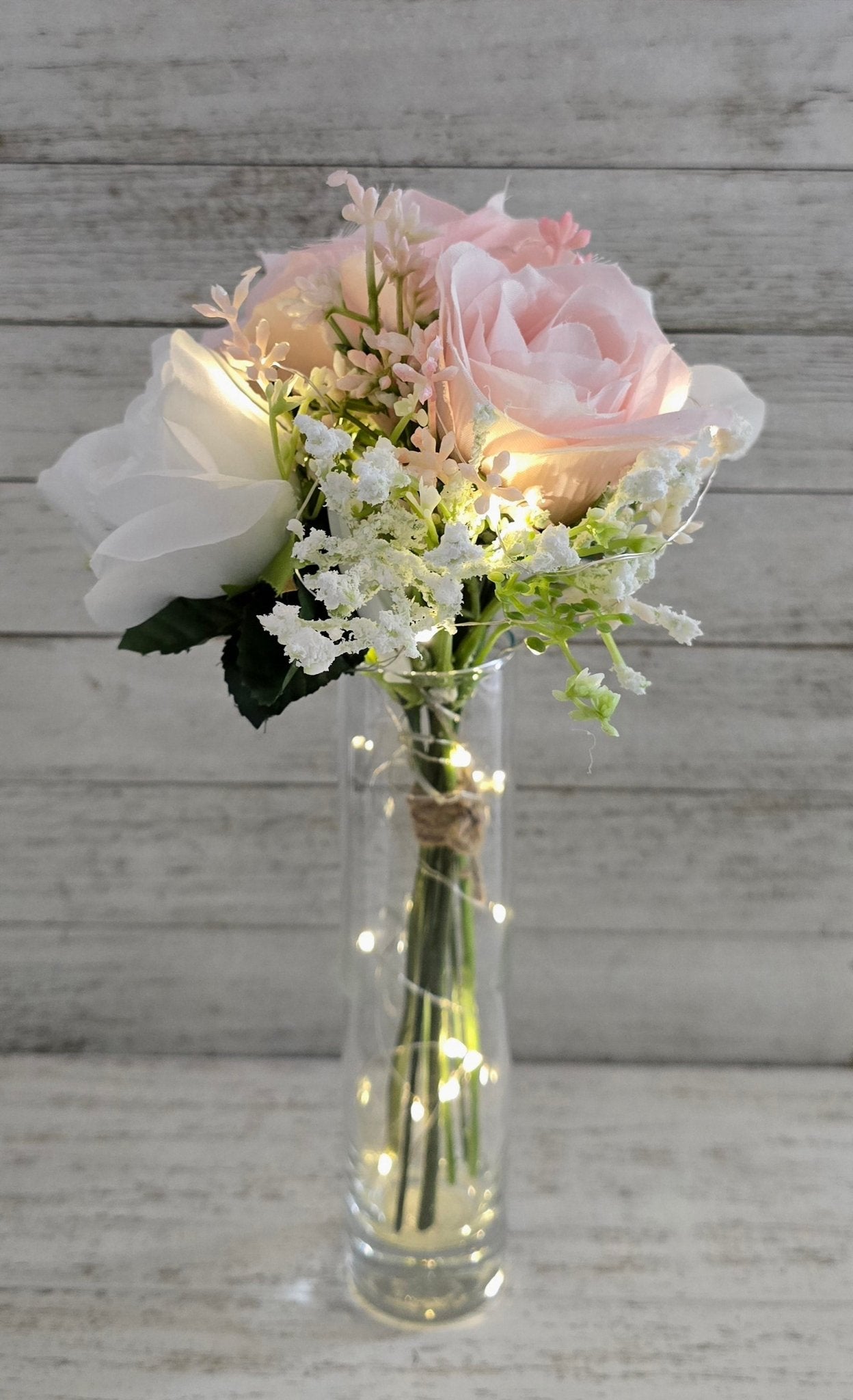 Pink & White Silk Rose Lighted Centerpiece - Glassy Gal Decor