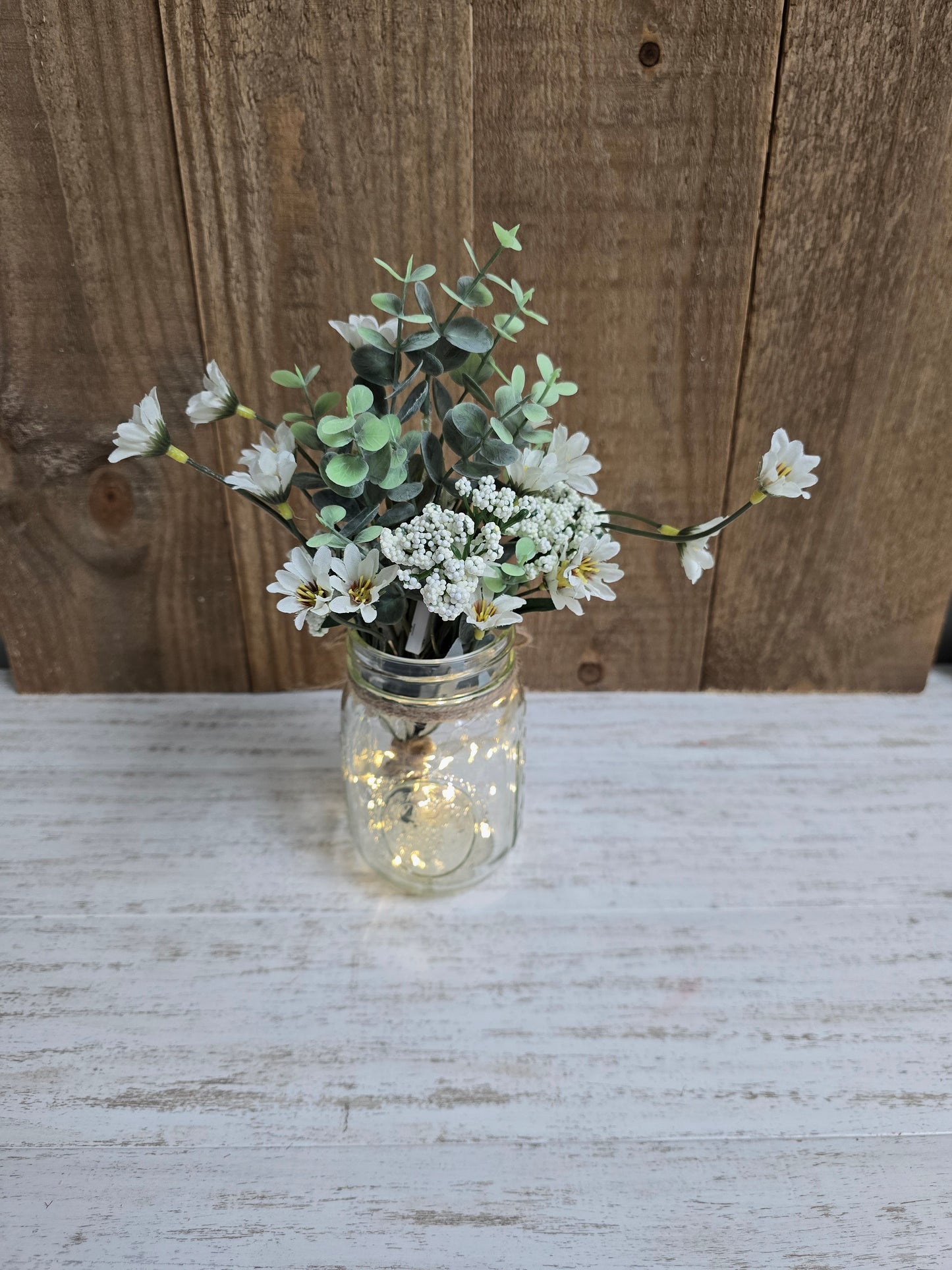Wild Daisies & Eucalyptus Lighted Mason Jar Centerpiece