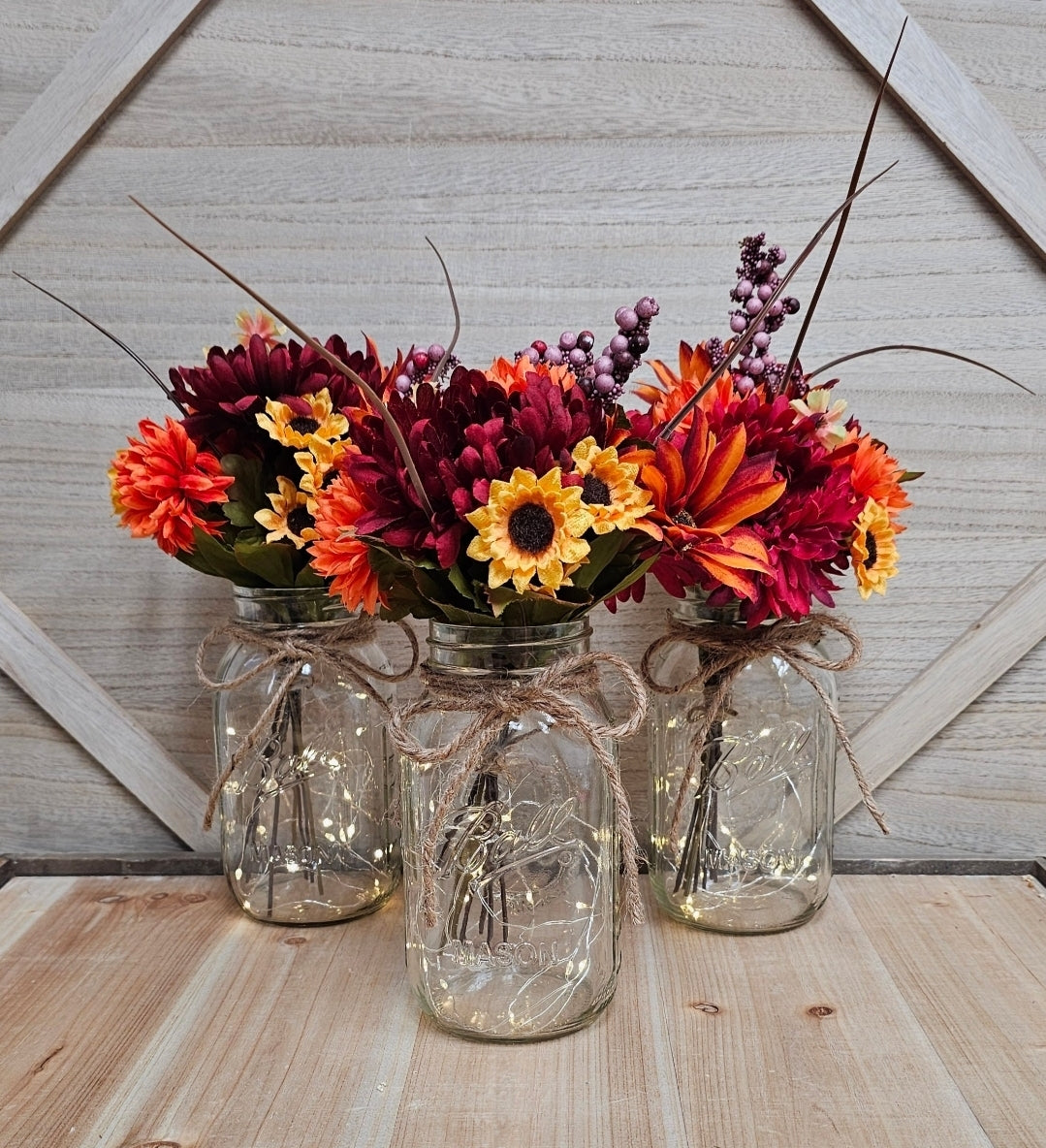 Single Fall Floral Lighted Mason Jar Centerpiece