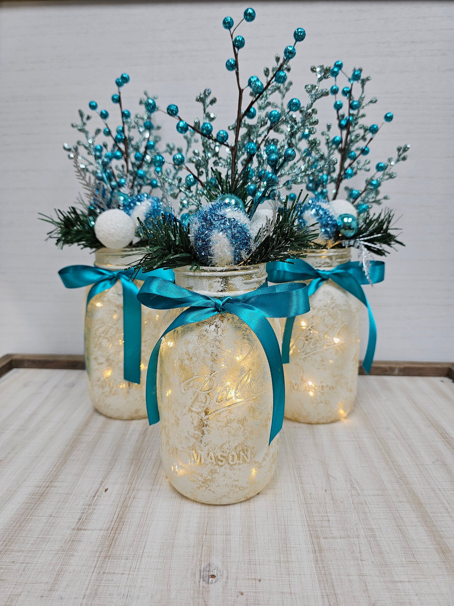 Blue Lighted Mason Jar Christmas Centerpiece