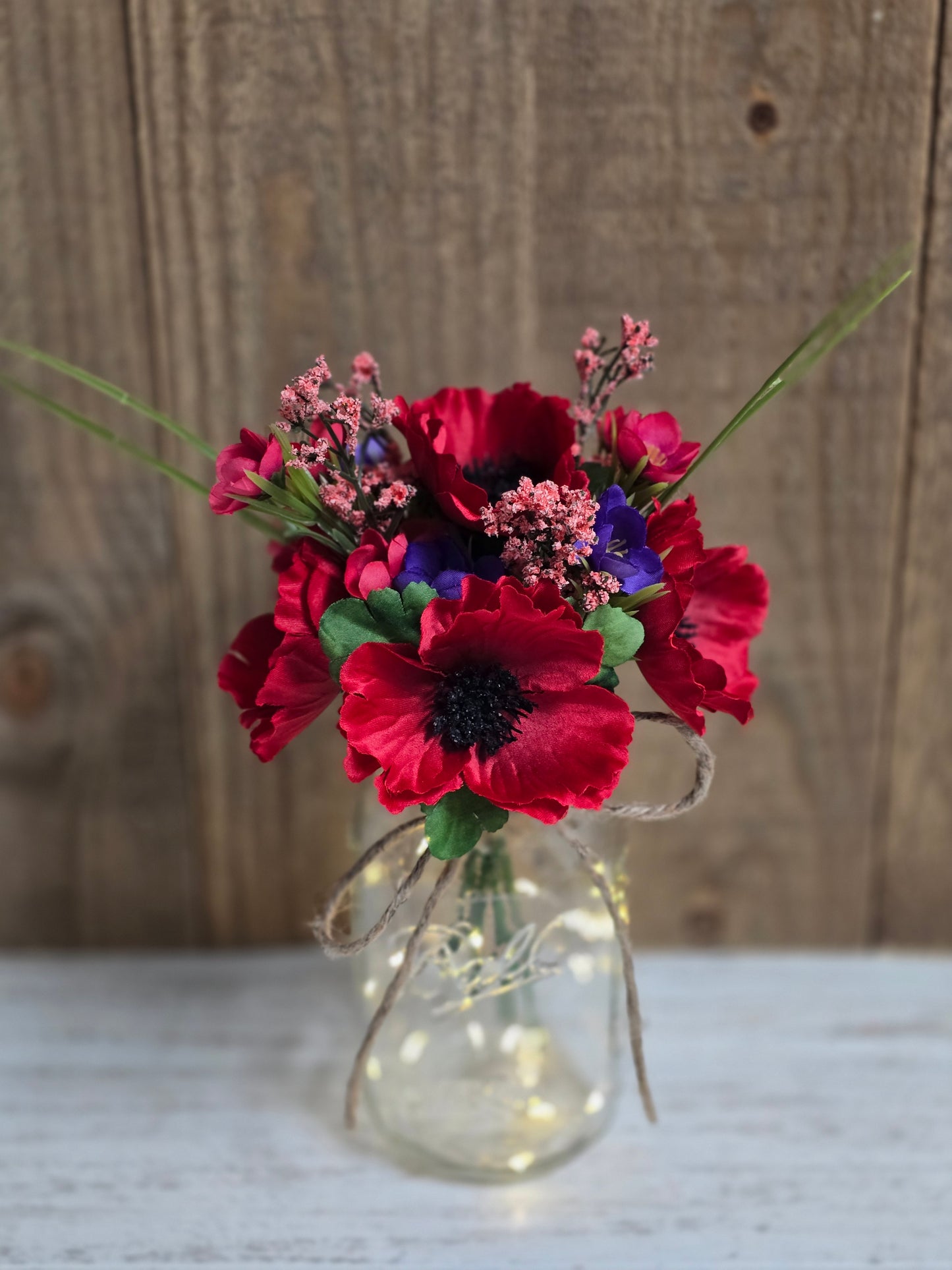 Red Poppy & Wildflower Lighted Mason Jar Centerpiece