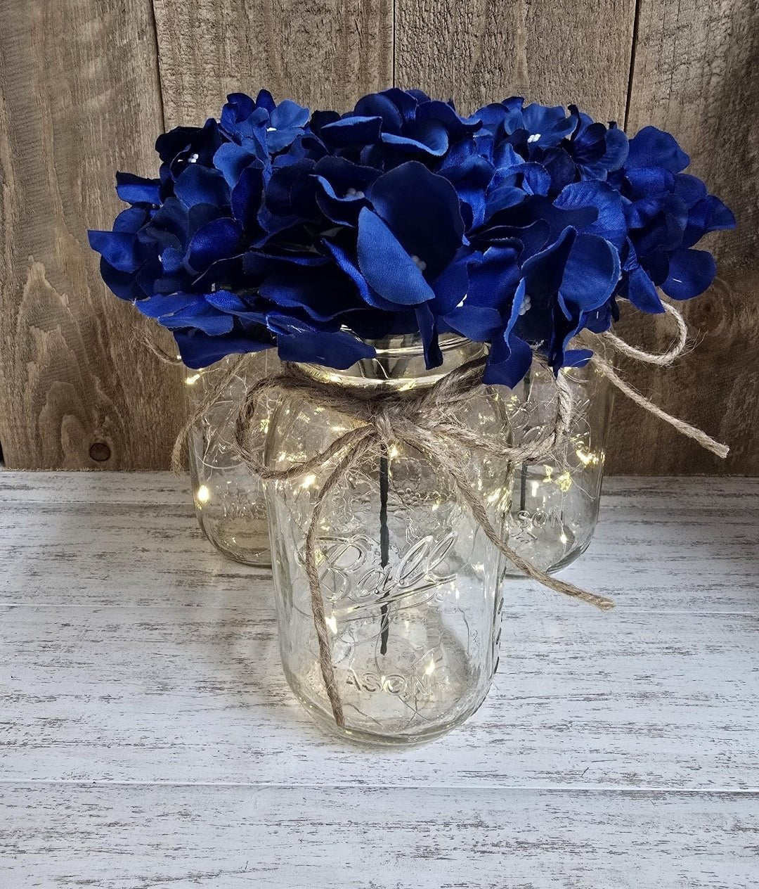 Royal Blue Silk Hydrangea Lighted Mason Jar Centerpiece - Glassy Gal Decor