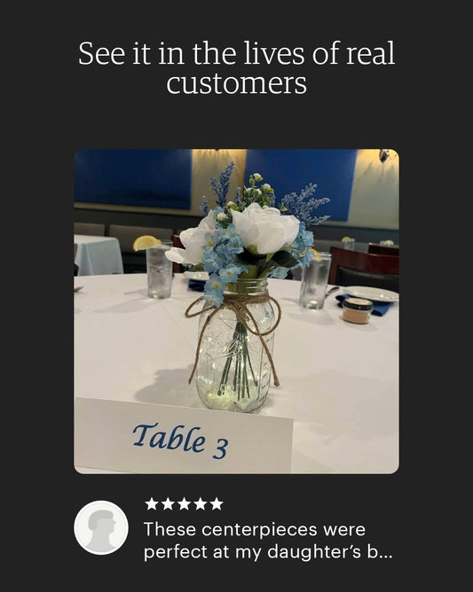 Light Blue Double Ruffle & White Rose Lighted Event Table Centerpiece