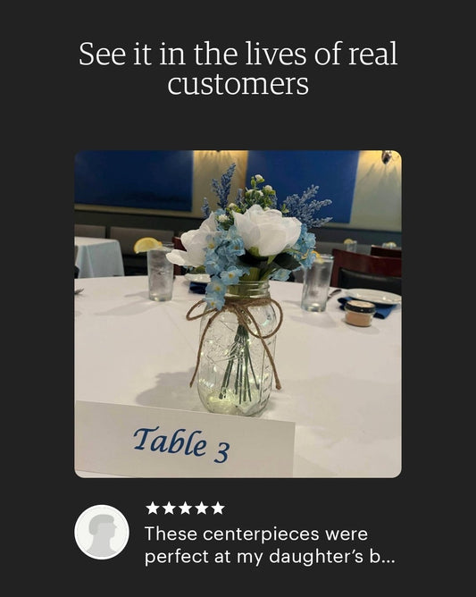 Light Blue Double Ruffle & White Rose Lighted Event Table Centerpiece - Glassy Gal Decor