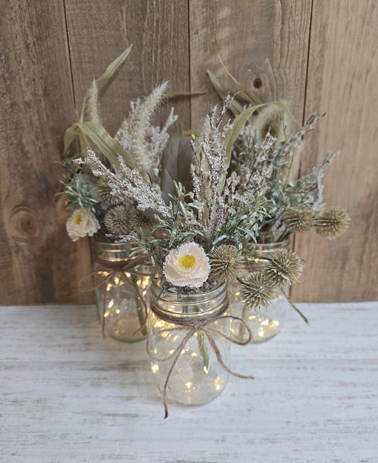 3 Piece Faux Beige & Wild Grass Lighted Pint Mason Jar Centerpiece - Glassy Gal Decor