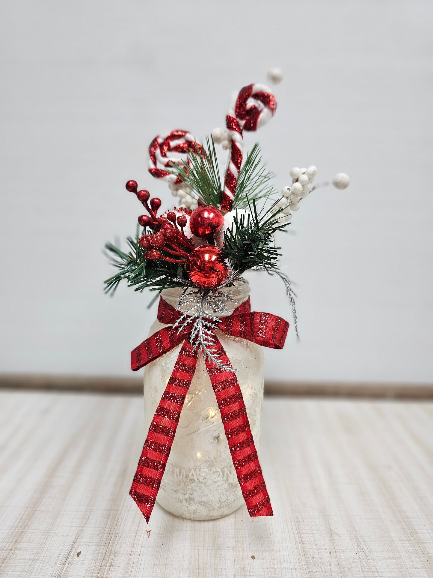 Classic Red & White Christmas Lighted Mason Jar Centerpiece