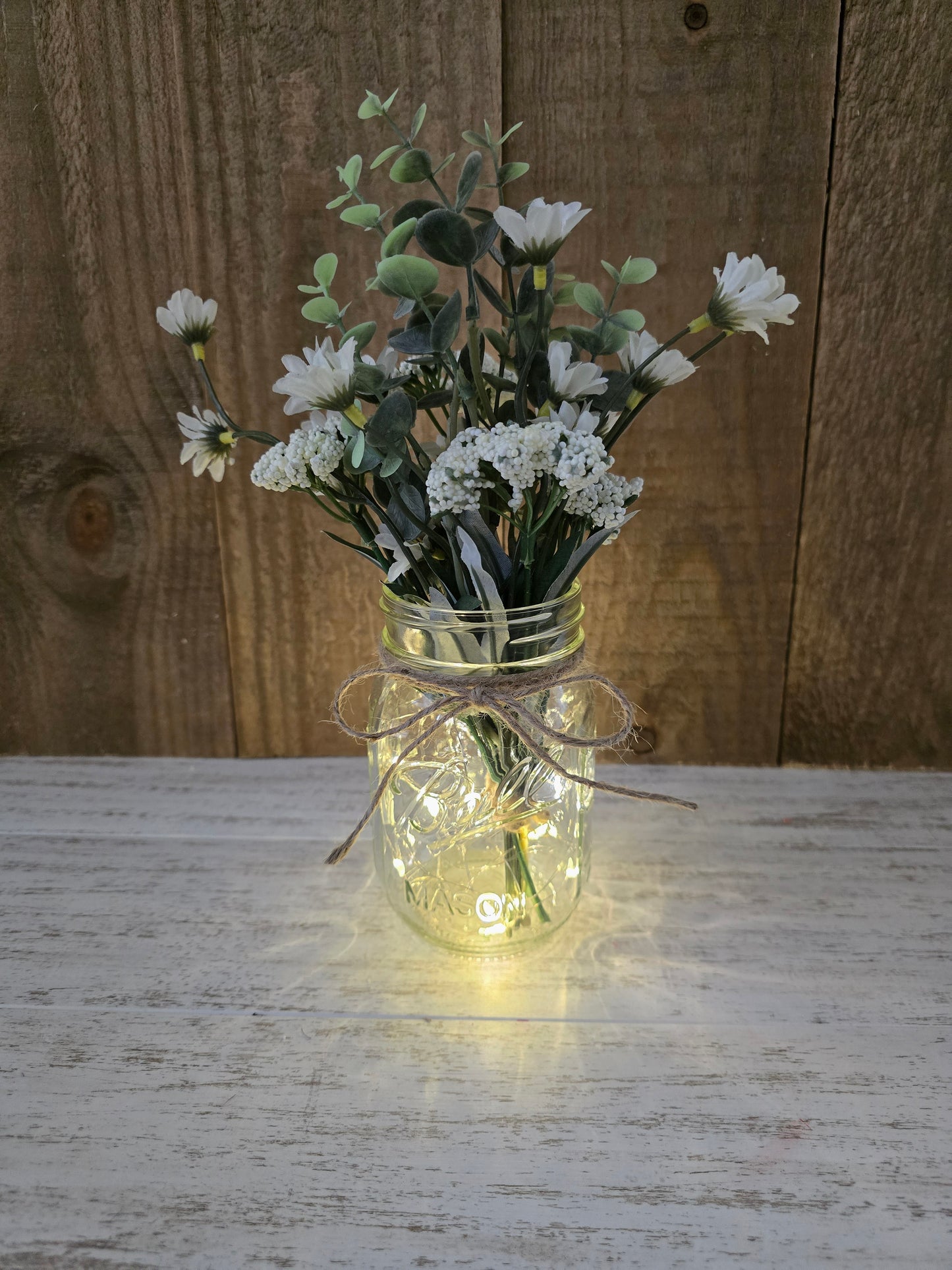 Wild Daisies & Eucalyptus Lighted Mason Jar Centerpiece