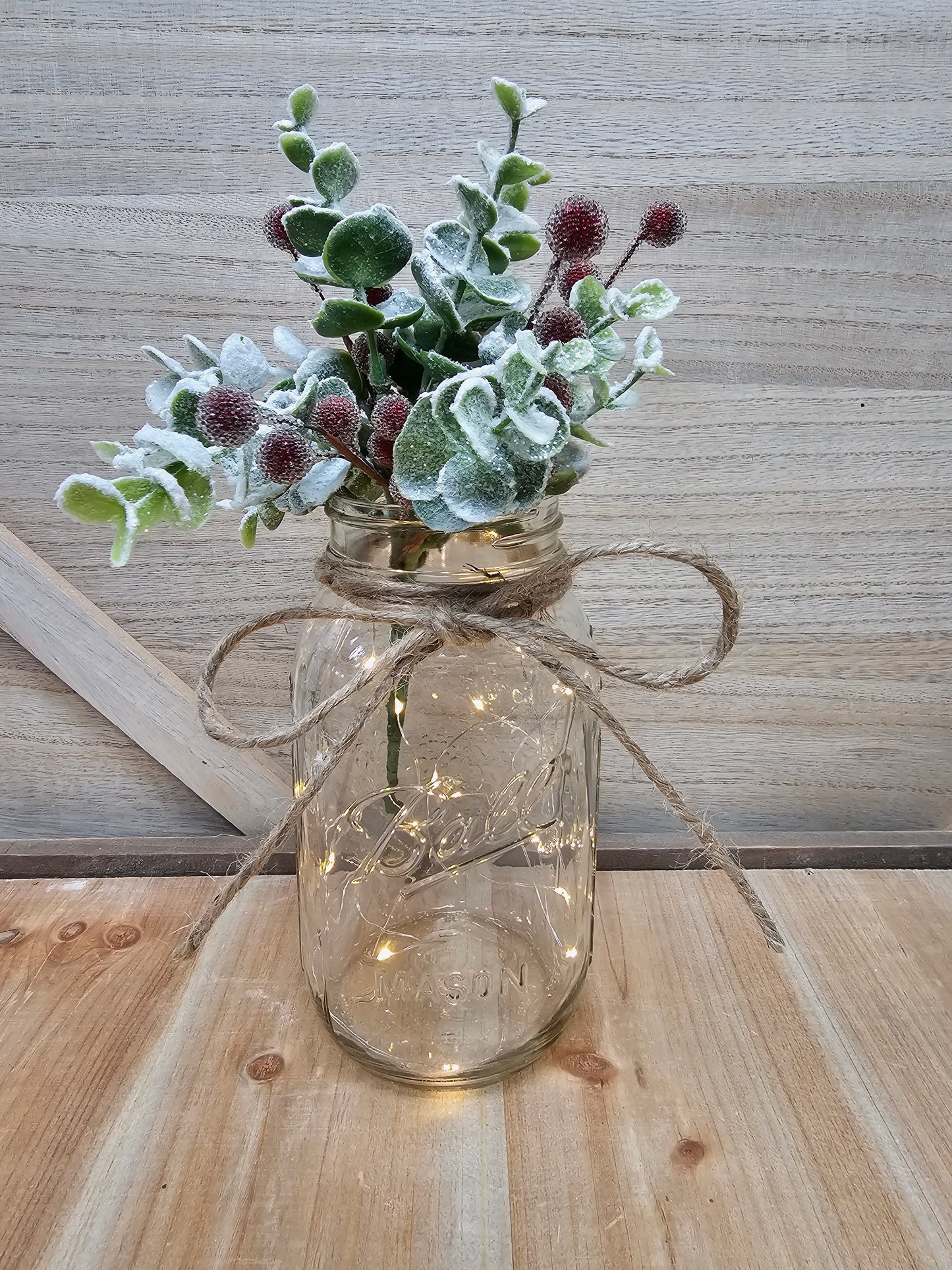 Christmas Eucalyptus & Berry Lighted Mason Jar Centerpiece